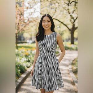 New York and Company Black White Geometric Fit Flare Dress